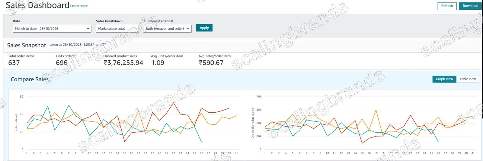 Amazon Seller Central sales dashboard (India): ₹3,76,255.94 ordered product sales, 696 units, month to date
