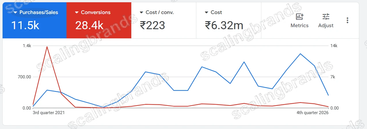 Google Ads account overview: 11.5K purchases, 28.4K conversions, ₹223 cost per conversion, ₹6.32M cost