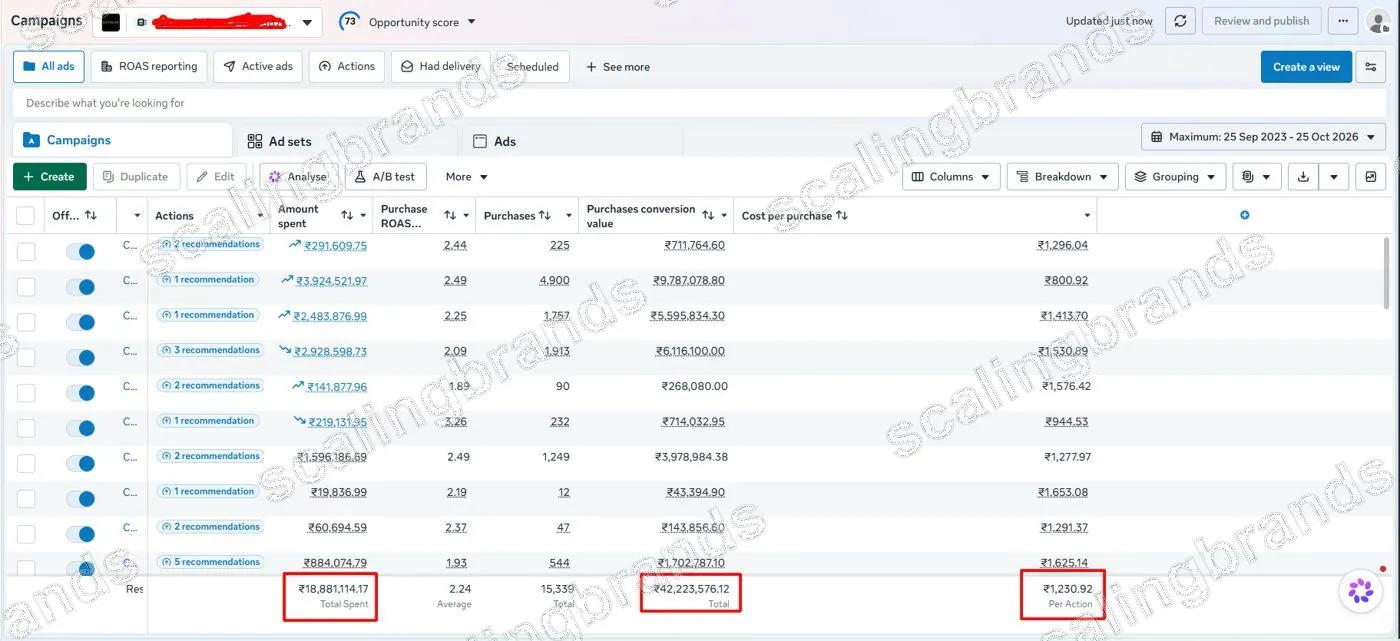 Meta Ads Manager results for a men’s footwear brand