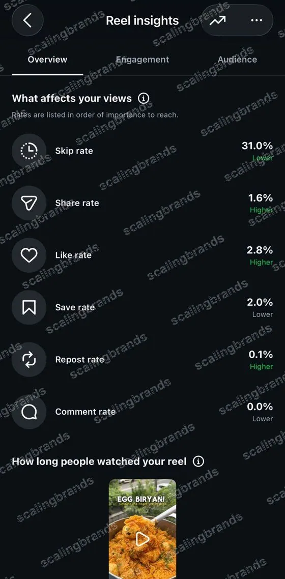 Reel engagement rates: 2.8% like rate, 1.6% share rate
